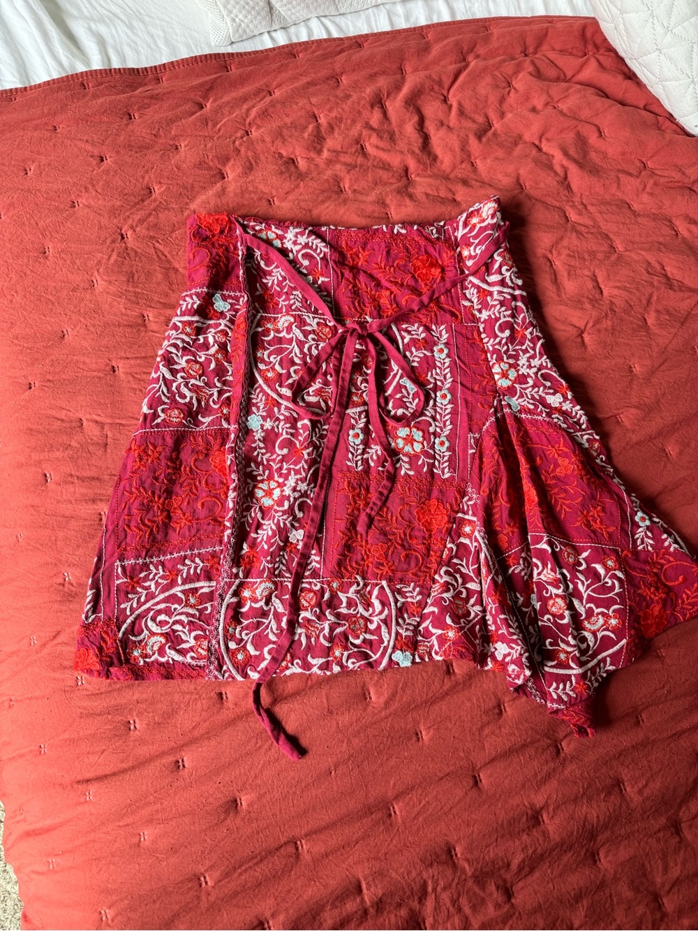 Anthropologie Red Floral Embroidered Circle Skirt